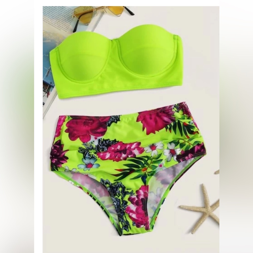 Two-Piece Neon Swimsuit w/ Ultra High Waisted Floral Bottoms